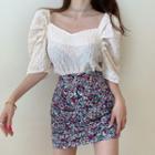 Elbow-sleeve Blouse / Floral Print Mini Fitted Skirt