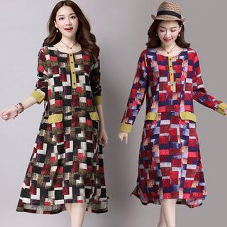 Printed Buttoned Long Sleeve Dress