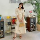 Plus Size Puff-sleeve Pleated Dress With Sash
