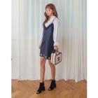 Set: Open-placket Bell-sleeve Top + Perforated-hem Faux-leather Dress