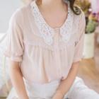 Short-sleeve Lace Trim Chiffon Blouse