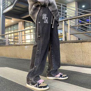 Lettering Side-button Loose Fit Jeans