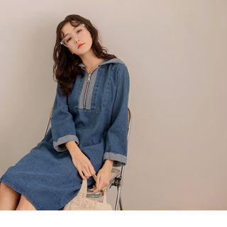 Half-zip Hooded Denim A-line Dress