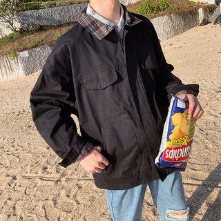 Plaid Collared Front Pocket Zip Jacket