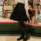 Bow Frill Trim Velvet Midi Skirt