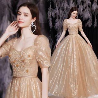 Short-sleeve Flower Embroidered Sheath Evening Gown
