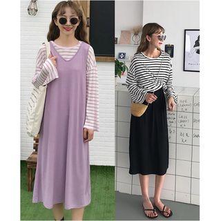 Striped Long-sleeve T-shirt / Sleeveless V-neck Dress
