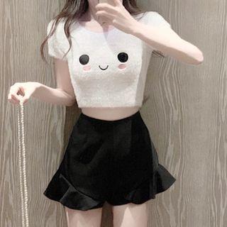 Short-sleeve Embroidered Fluffy Knit Top / Frill Trim Shorts
