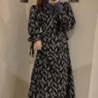 Mock0turtleneck Knit Top / Puff-sleeve Floral Print Midi A-line Dress