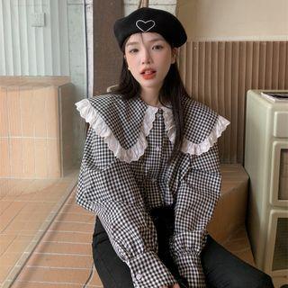Long-sleeve Wide-collar Lace Trim Gingham Check Blouse