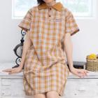 Plaid Letter Embroidered Short-sleeve Polo Shirt Dress Plaid - Curcumin - One Size