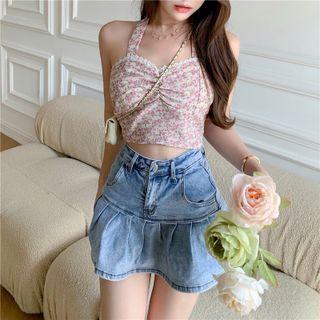 Halter Floral Print Top Pink - One Size