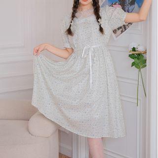 Short-sleeve Floral Printed Chiffon Midi Dress Floral - One Size