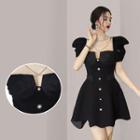 Puff-sleeve Chained Square-neck A-line Dress