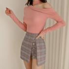 Long-sleeve Cutout Mock-neck Top / Plaid Skort / Set