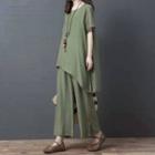Set: Irregular Hem Short-sleeve Blouse + Cropped Wide-leg Pants