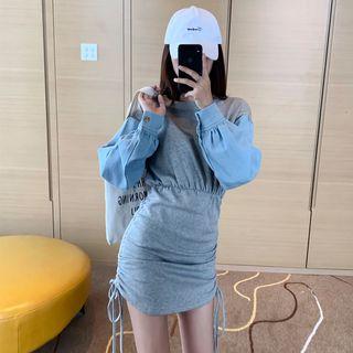 Long-sleeve Drawstring Denim Panel Slim Fit Dress