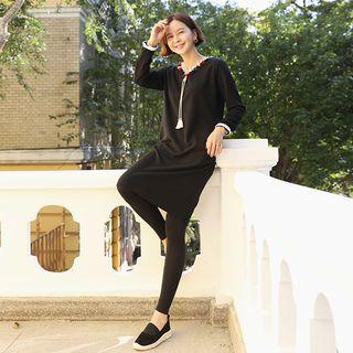 Tasseled V-neck Shift Dress Black - One Size