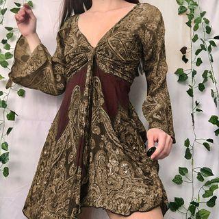 Bell-sleeve V-neck Floral Print Mini Dress