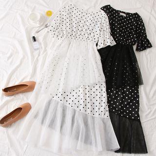 Patchwork Dotted Mesh Midi A-line Dress