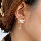 Heart Faux Pearl Rhinestone Drop Earring E284 - 1 Pair - Gold & White - One Size