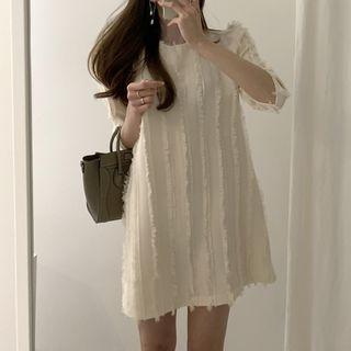 Elbow-sleeve Fringed Mini Shift Dress