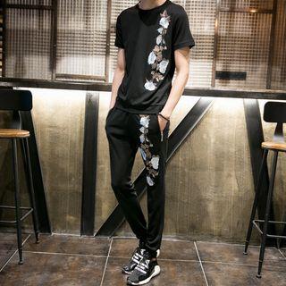 Set: Floral Embroidered Short-sleeve T-shirt + Skinny Sweatpants
