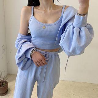Set: Hooded Zip Jacket + Cropped Camisole + Wide-leg Pants