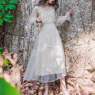 Set: Slipdress + Embroidered Long-sleeve Midi A-line Dress
