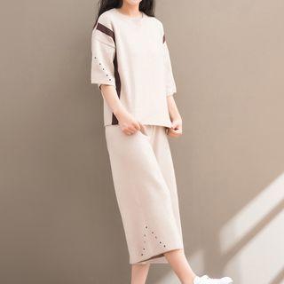 Set: Grommet Elbow-sleeve Sweater + Wide-leg Knit Pants