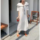 Elbow-sleeve Collared Midi Dress White - One Size