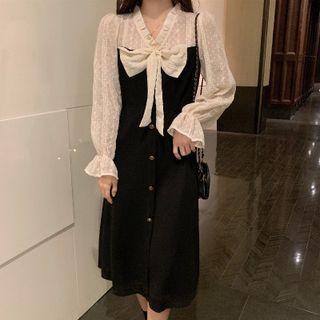 Mock Two-piece Puff-sleeve Bow Ruffled Dress