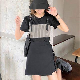Set: Plain Short-sleeve T-shirt + Plain Side Lace-up Skirt + Striped Camisole Vest