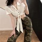 Short-sleeve Tie-strap Crop Shirt / Camo Print Cargo Pants