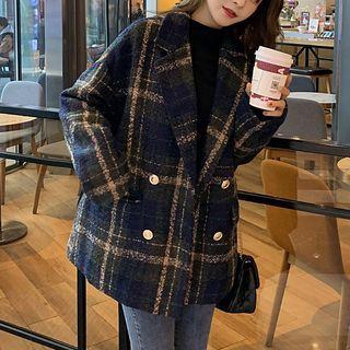 Long-sleeve Notch Lapel Double-breasted Plaid Woolen Jacket