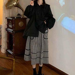 Balloon Sleeve Blouse / Midi A-line Skirt