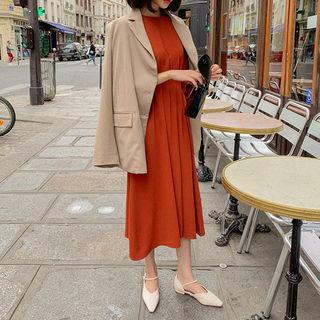 Pintuck Tie-waist Long Flare Dress