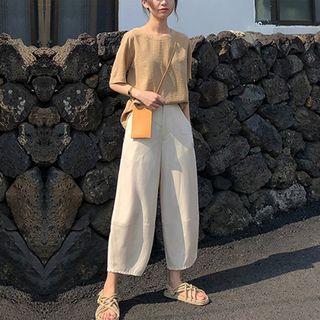 Set: Short Sleeve Plain T-shirt + Wide-leg Pants