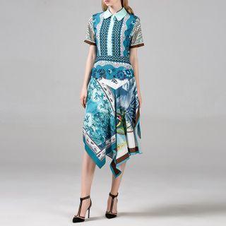 Printed Asymmetric Hem Midi A-line Dress