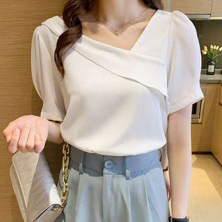 Puff-sleeve Irregular V-neck Chiffon Shirt