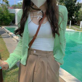 Long-sleeve Plain Cardigan / Plain Tie Accent Camisole / High-waist Plain Pants