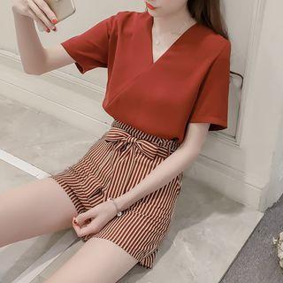 Set: Plain Short Sleeve V-neck Chiffon Top + Striped Wide Leg Shorts