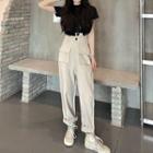 Short-sleeve Plain T-shirt / Single-strap Cropped Jumper Pants