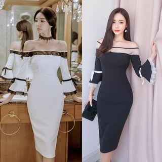 Lace Panel Off-shoulder Bell-sleeve Sheath Dress