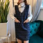 Set: Mock-neck Ruffle Trim Blouse + V-neck Tweed Pinafore Dress