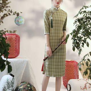 Plaid Elbow-sleeve Sheath Qipao
