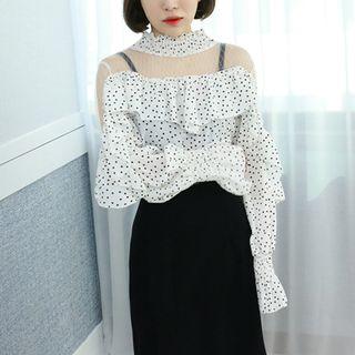 Petite Size - Sheer-yoke Dotted Chiffon Blouse