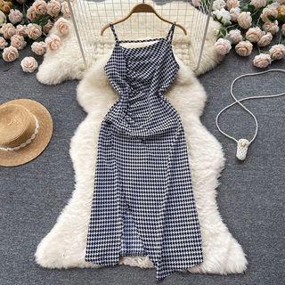 Suspender Houndstooth Ruched Asymmetrical Slit Dress
