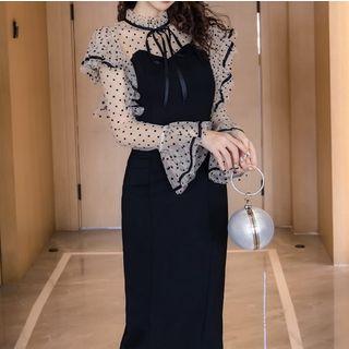 Dotted Panel Flared-sleeve Midi Sheath Dress