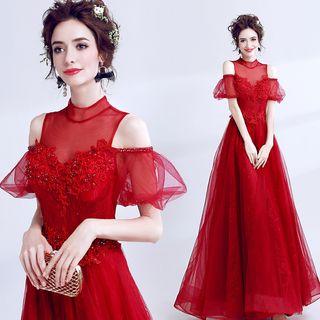 Cutaway-shoulder Lace-panel Evening Gown